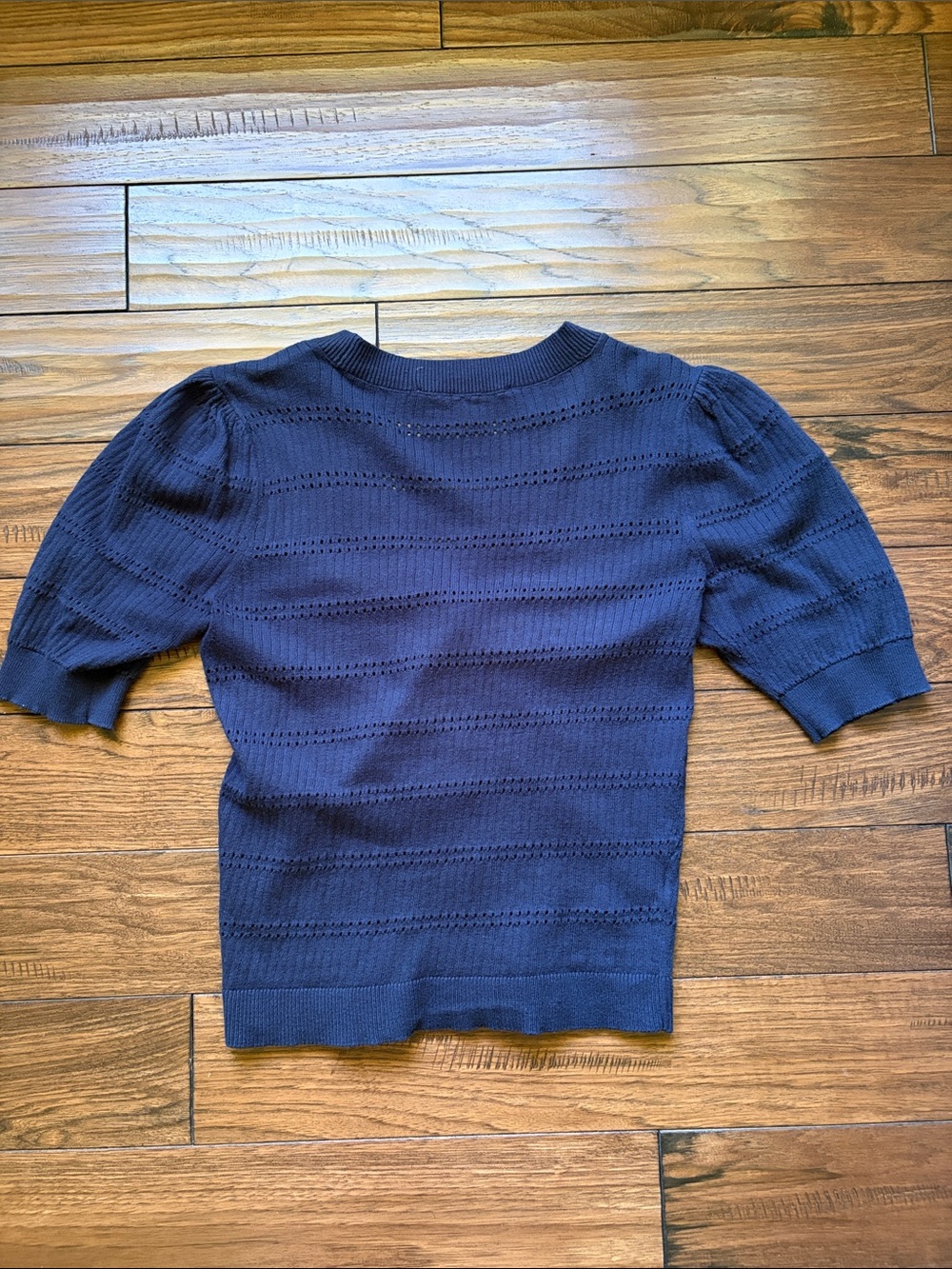 LOFT Navy Short-Sleeve Pointelle V-Neck Cardigan - Picture 3 of 4